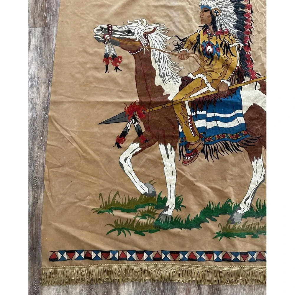 Vintage Native American on Horse Painted Velvet Cloth Wall Hanging Fringe